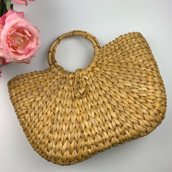 Handbags - Boho Rattan Woven Straw Bamboo Circle Handle Bag